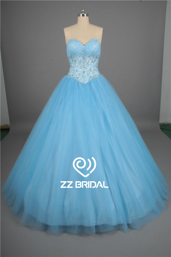 High end girls party dress ruffled beaded lace-up blue quinceanera dress