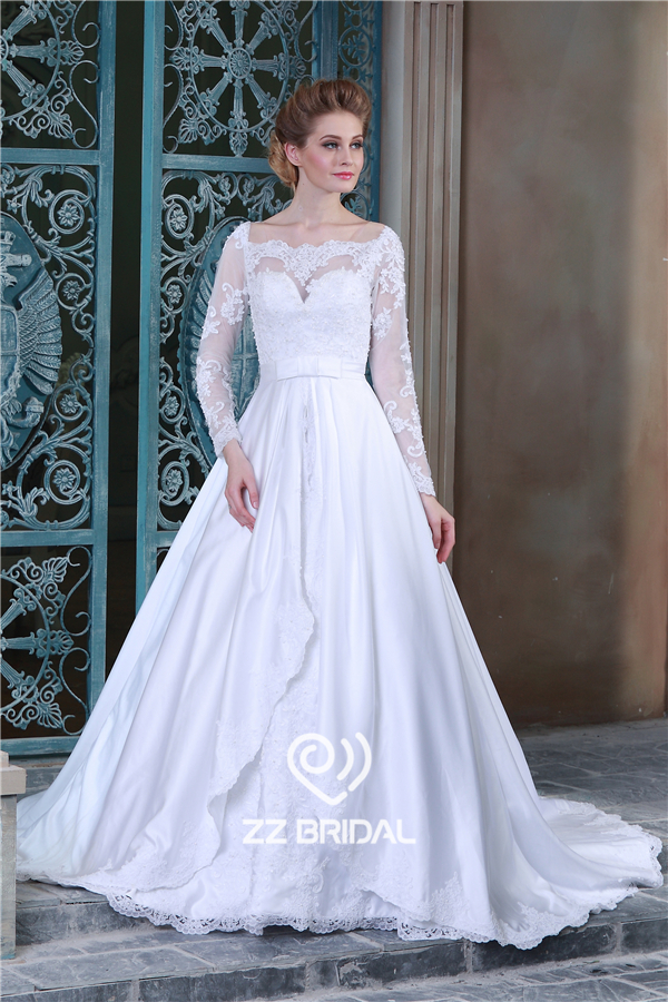 High-End-Langarm appliqued Spitze Mieder A-line Hochzeitskleid aus China