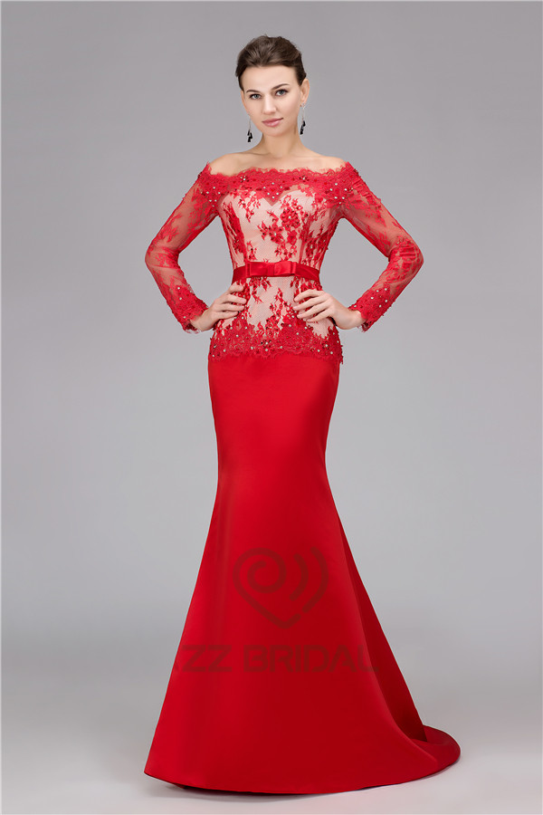 Высокое качество длинным рукавом плеча бисером длинной красной русалка вечернее платье с поставщиком
