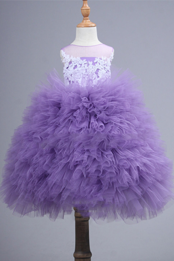 Último diseño Niñas puffy vestido princesa luz púrpura flor vestidos de niña HMY-FL026