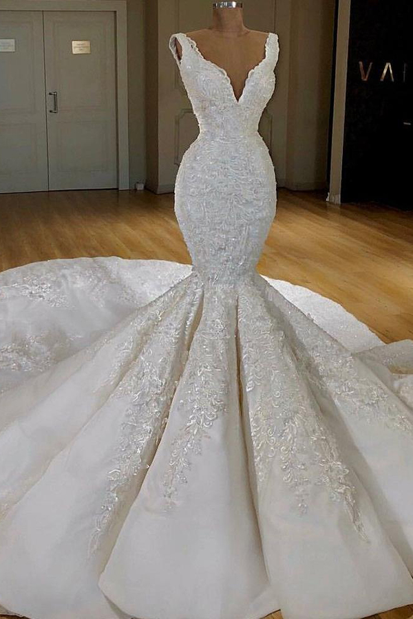 El último diseño de lujo de encaje sirena sexy tren largo Vestido De Novia cuello en V vestido de novia vestido de novia 2019