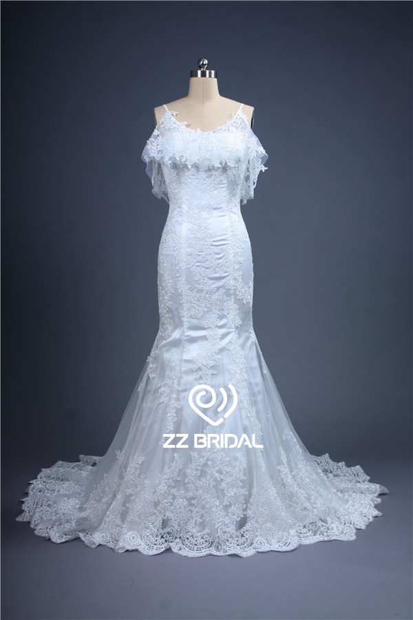 La dernière conception Chine courroie de spaghetti v-back dentelle robe de mariage de style sirène appliqued