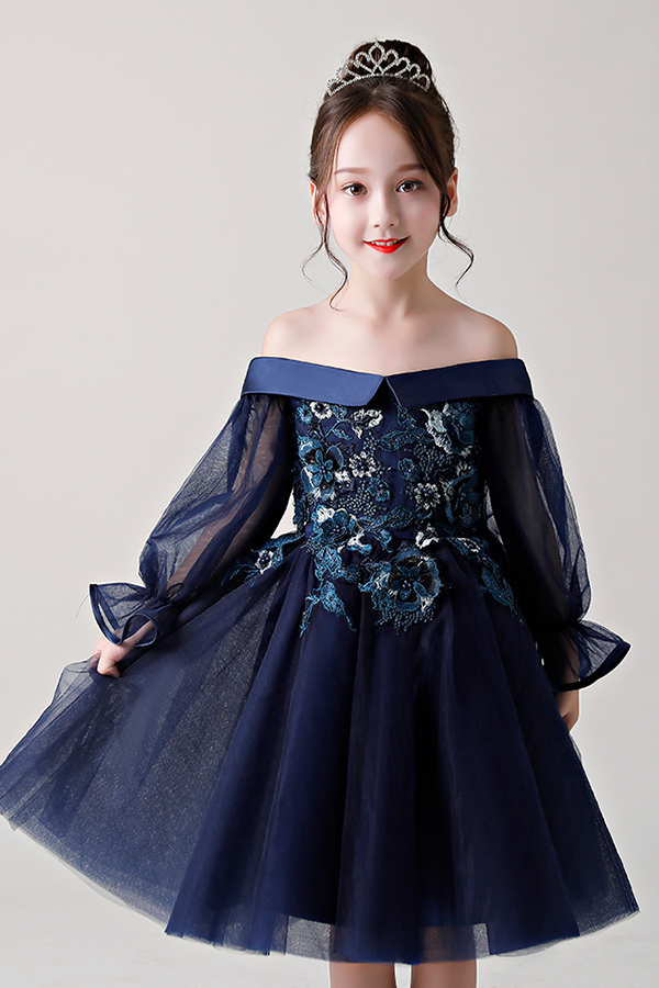 Nieuwste ontwerp prinses off shoulder donkerblauw baby meisjes jurk 3-8 y ontwerp