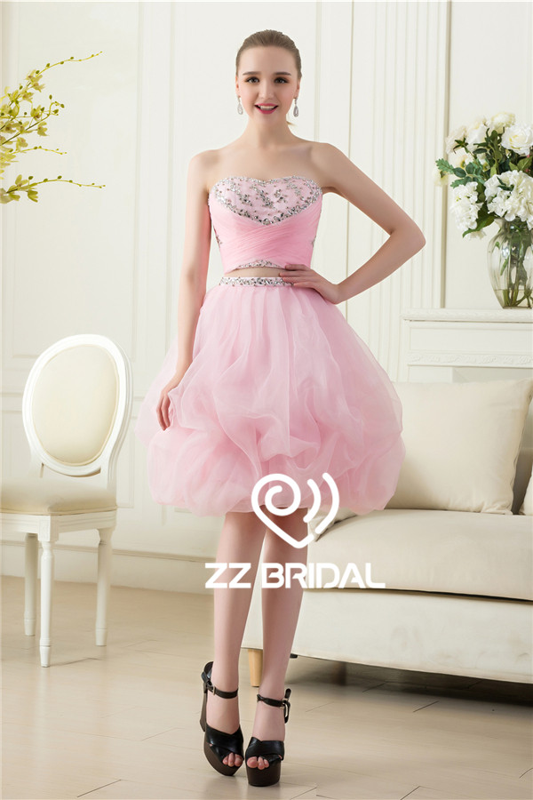 Прекрасный без бретелек из бисера двух частей бальное платье розовый милые девушки платье сделано в Китае