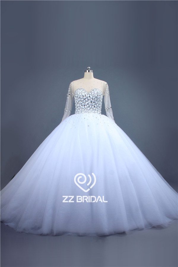 Luxuriöse Perlenhalsausschnitt Langarm-Ballkleid-Hochzeitskleid Hersteller