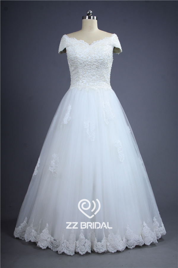 Manga cap luxuoso inferior cheio pérolas corpete bordado A-Line fabricante do vestido de casamento