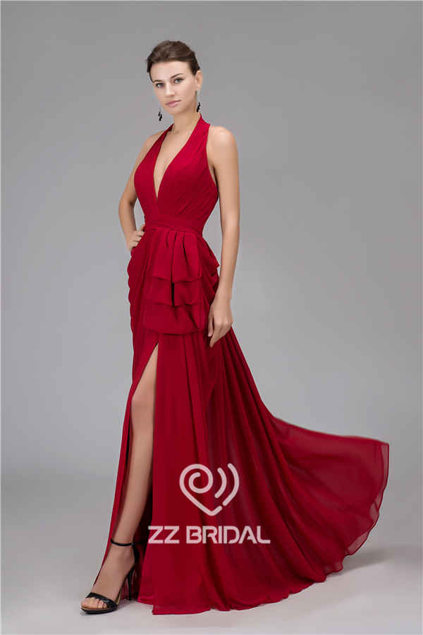 Die meisten modischen V-Ausschnitt Halfter gekräuselten clare-roten langen Abendkleid Hersteller