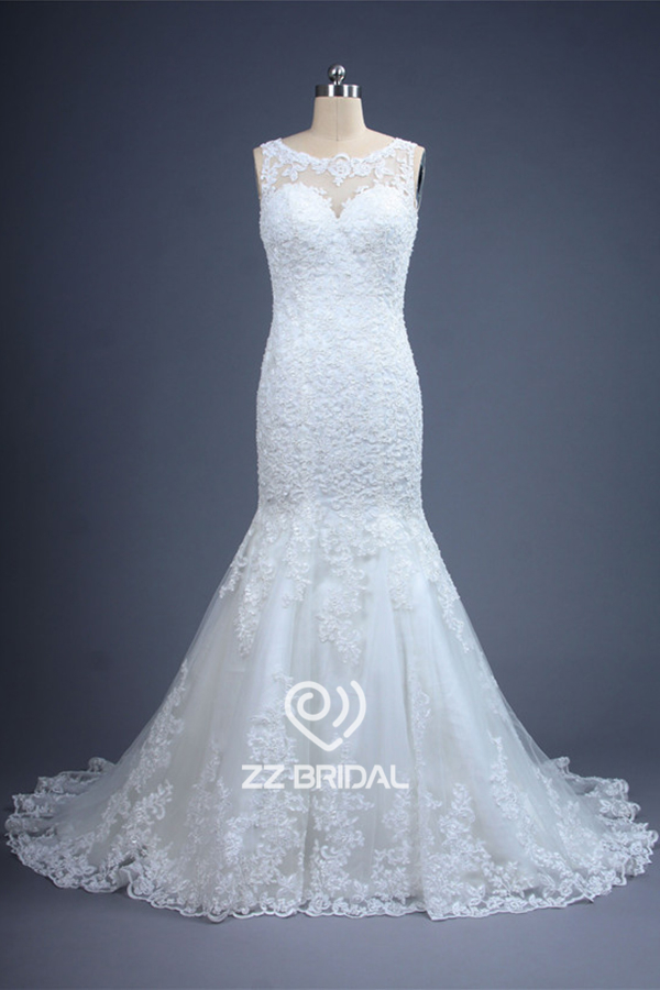 New arrival illusion full bodice appliqued mermaid lace wedding dress made in China