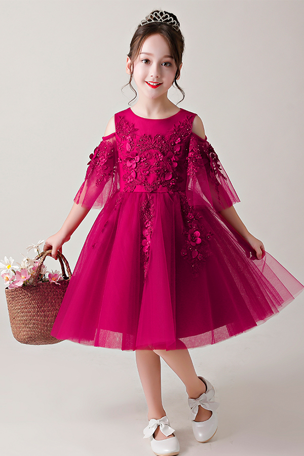 Nieuw design kinderen jurken prinses kralen geborduurde puffy mouw baby meisjes jurk voor 2-12 jaar oud