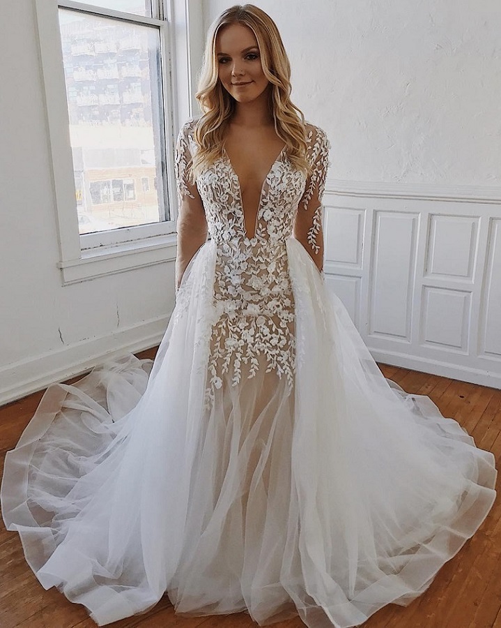 Новый дизайн свадебного платья v декольте съемный шлейф свадебное платье