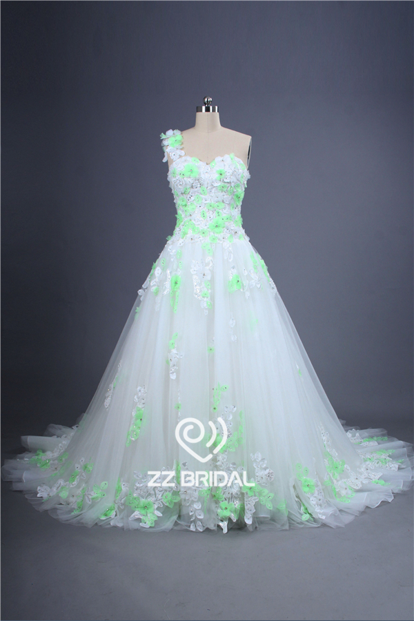 Neu-Schulter-Schatzausschnitt mit handgemachten grünen Blumen-Hochzeitskleid appliqued