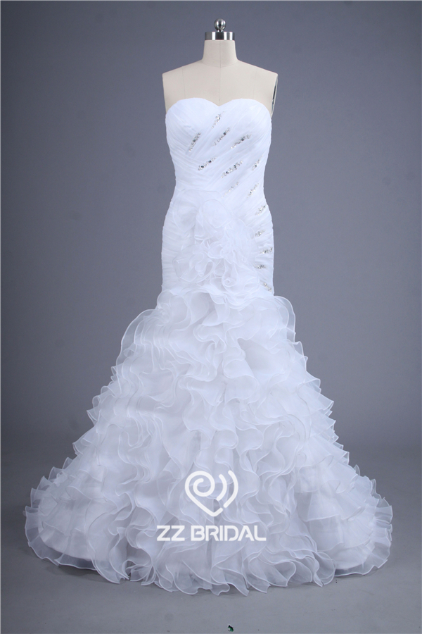New Style herzförmiger Ausschnitt gekräuselten Perlen Organza überlagerte Meerjungfrau Hochzeitskleid 2015 Lieferant