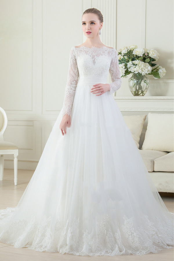 Usługa OEM Muzułmańskie Długie Rękawy Real Photo Sheer A Line Wedding Dress Vestidos De Novia