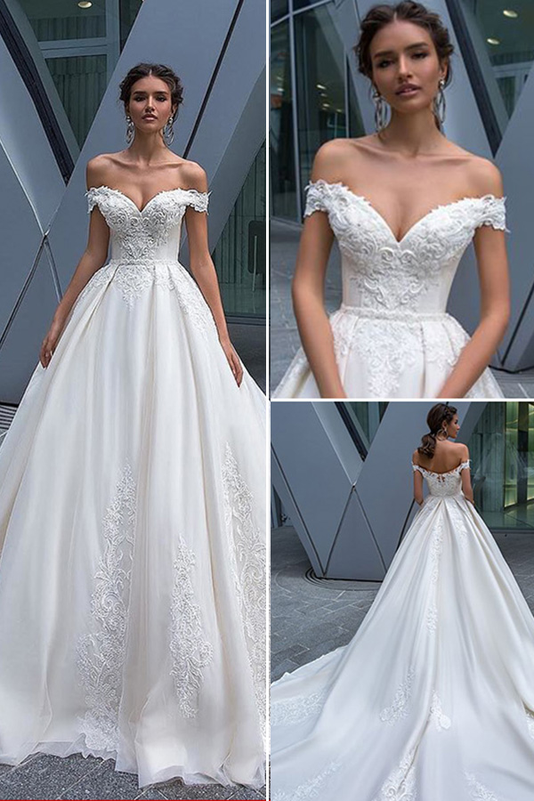 Off-ombro 2019 vestido de noiva vestido de noiva uma linha de tecido de renda vestidos de noiva