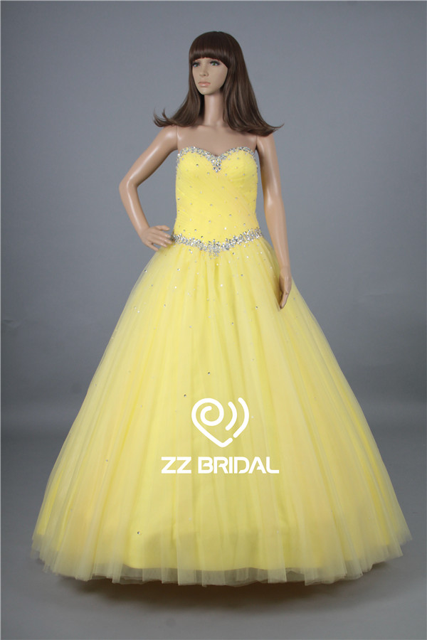 Party jurk gemaakt in China lieverd hals met kralen kant-up gele prom dress