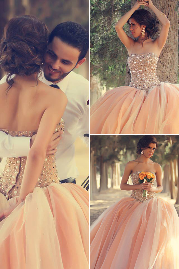 Roze baljurk kant appliques kralen parels trouwjurk prinses vestidos novia