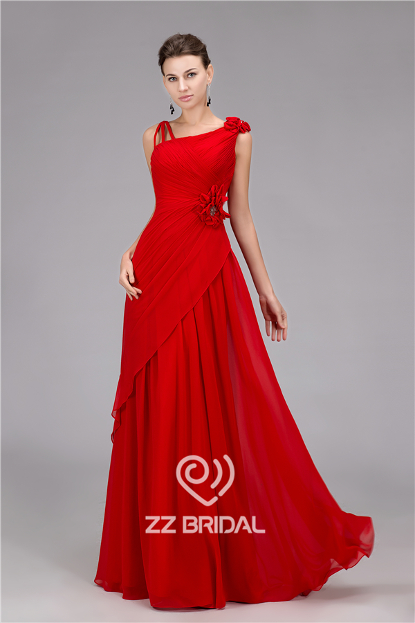 Cuadros verdaderos erizadas vestido de gasa de noche rojo con flores hechas a mano de China