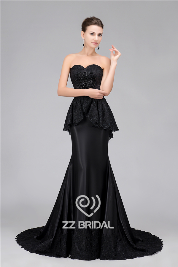 Real pictures stretch satin sweetheart neckline lace appliqued handmade pearls evening gown supplier
