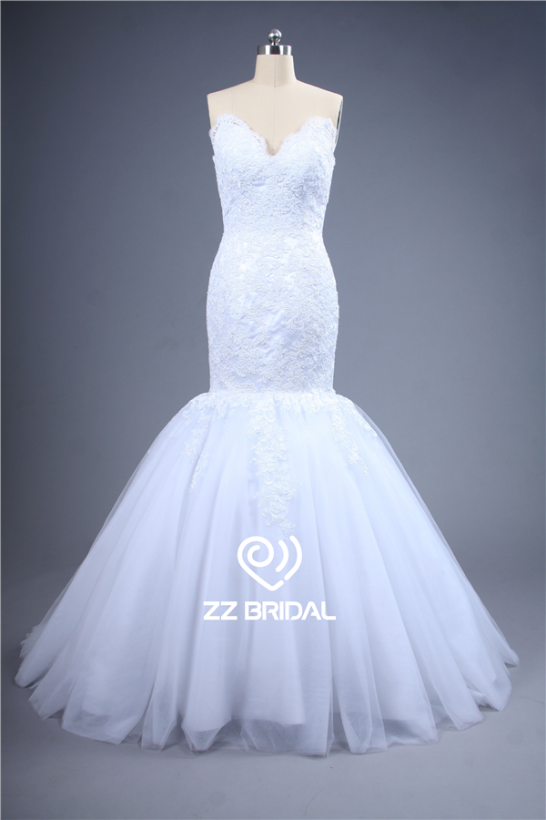 Real pictures sweetheart neckline lace appliqued lace-up mermaid wedding dress factory
