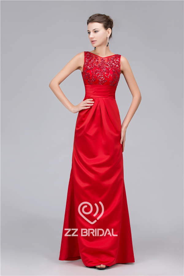 Атласная блестками V-обратно с бантом длинном вечернем платье сделано в Китае