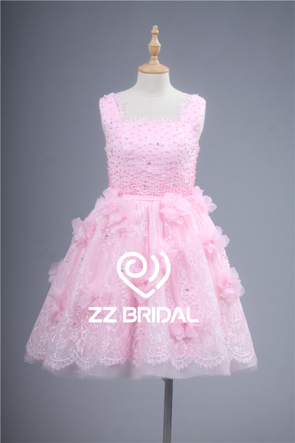 Квадратный вырез жемчуг цветы ручной работы розовый кружевной мило вечернее платье