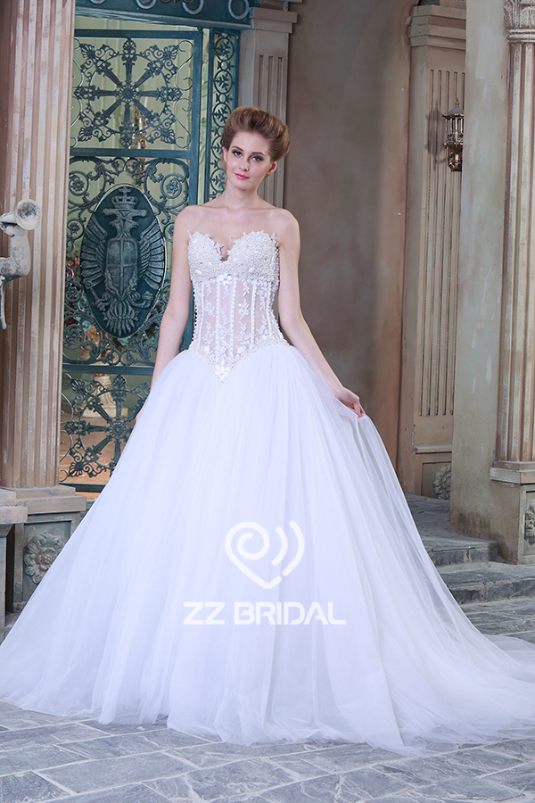 Sweetheart neckline see through beaded handmade pearls princess ball gown wedding dress made in China