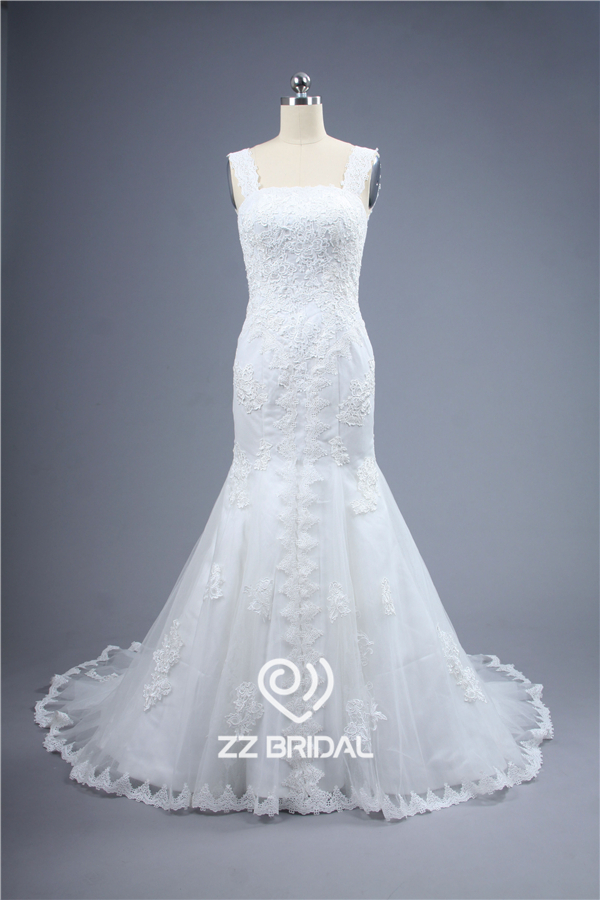 Top quality lace appliqued spaghetti strap lace-up mermaid wedding gown manufacturer