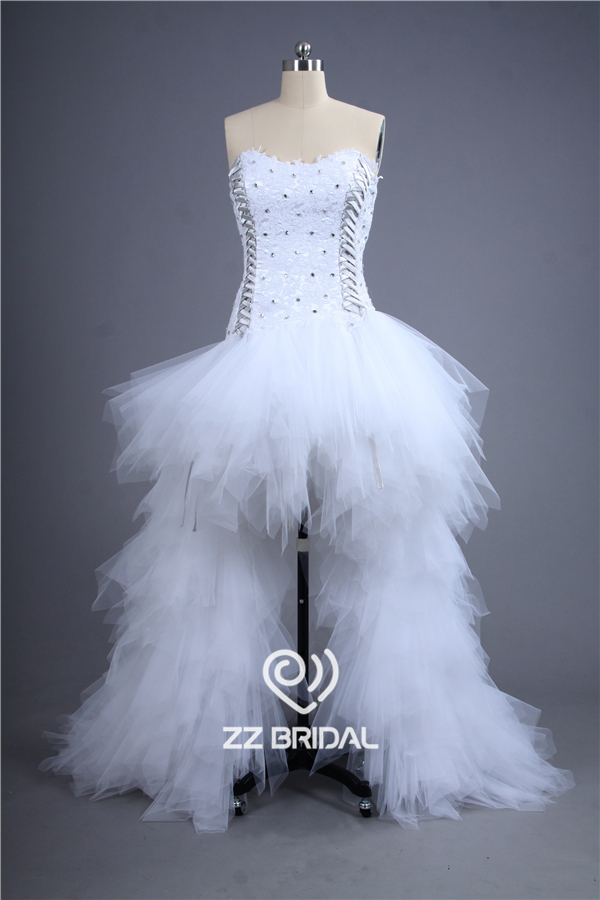 Trendy design geappliceerd korte voorzijde lange rug strapless kralen bruids jurk fabriek