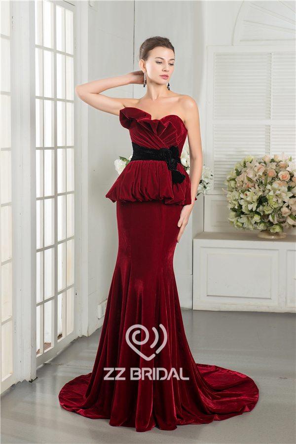 Trendy style ruffled belt with black handmade flowers Claret-red velvet full length evening dress supplier