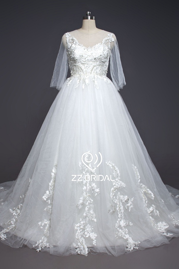 Z bridal 3/4 sleeve lace appliqued beaded A-line wedding dress