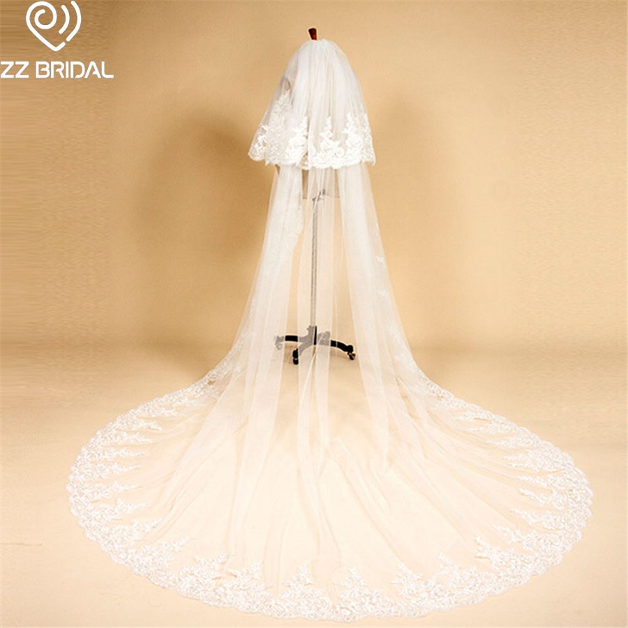 ZZ Bridal ivory lace edge two layers bridal wedding veil with comb