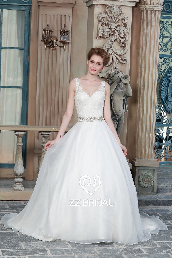 ZZ Bridal 2017 V-back cintura in rilievo pizzo appliqued A-line abito da sposa