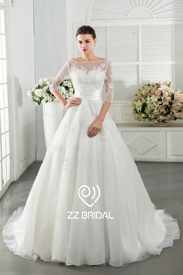 ZZ Свадебные 2017 V-задняя Кружевная аппликуед накладка A-Line свадебное платье