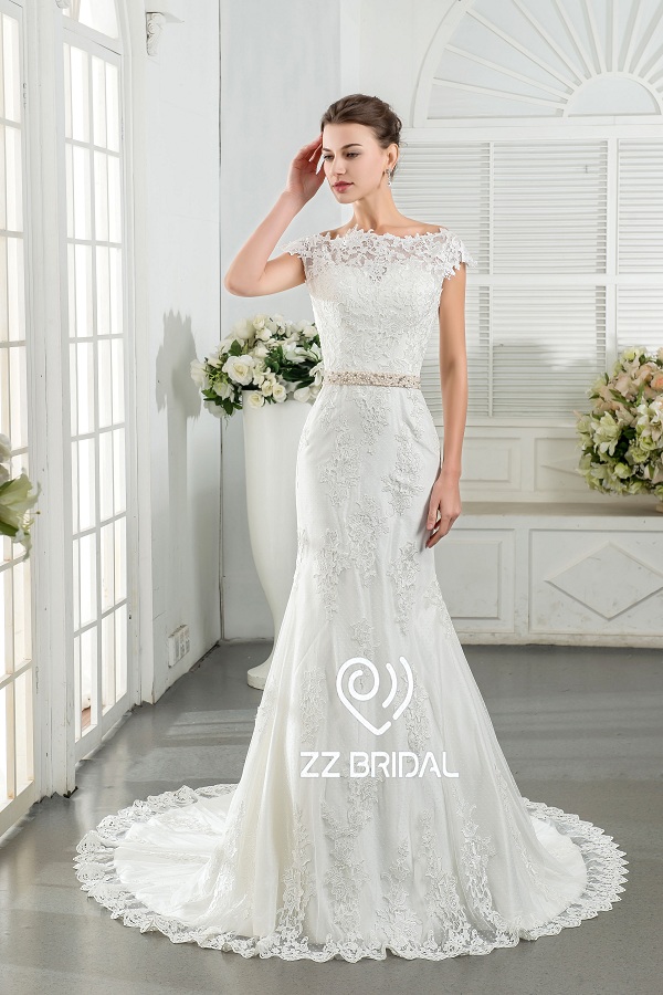ZZ nupcial 2017 V-back renda aplicada vestido de noiva frisado sereia