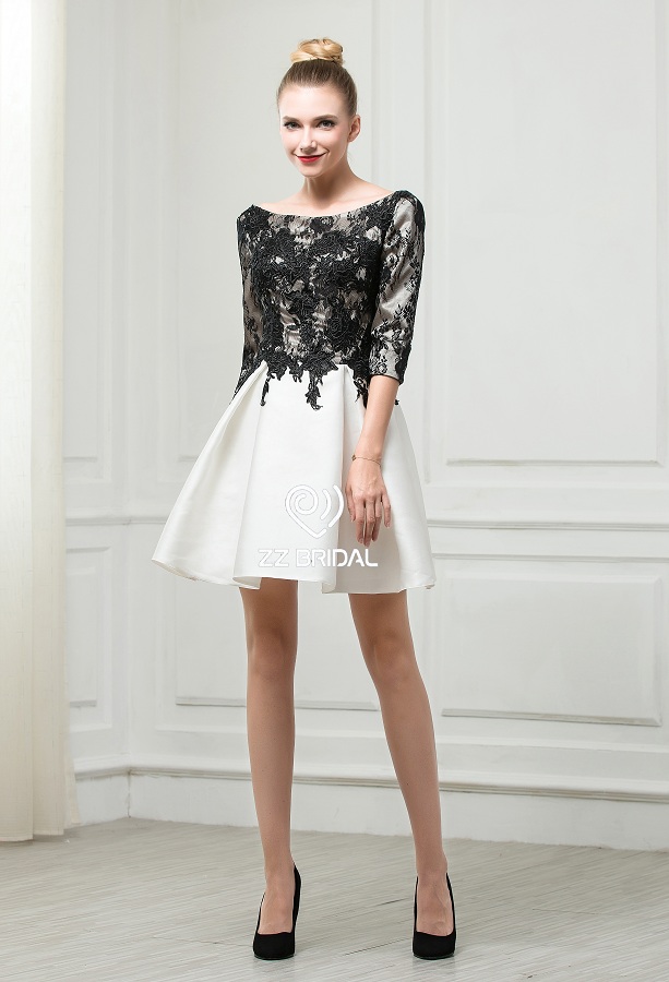 ZZ bridal 2017 V-back lace appliqued black short evening dress