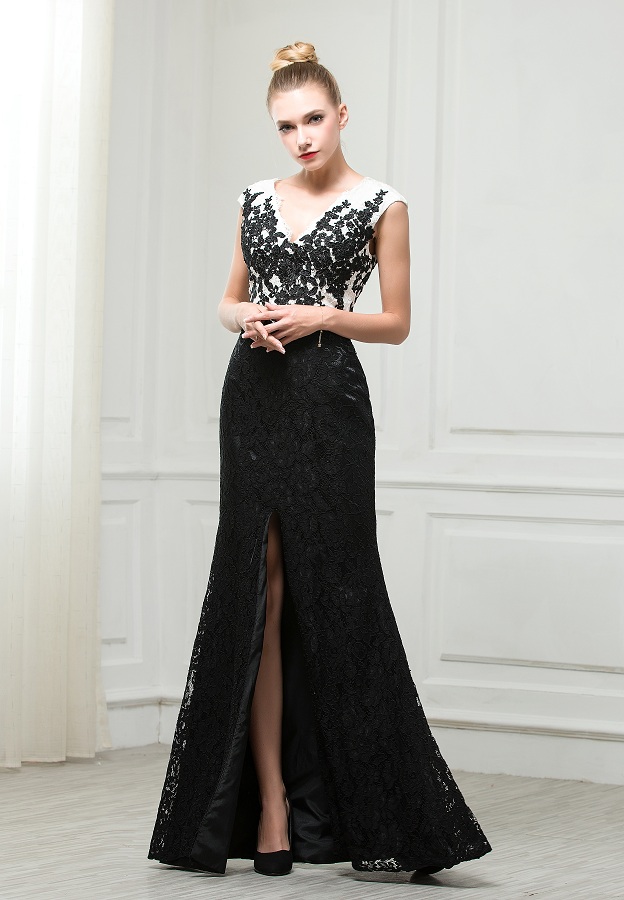 ZZ bridal 2017 V-neck and V-back lace appliqued black evening dress