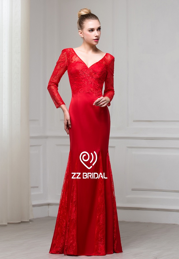 ZZ morsiamen 2017 v-kaula ja v-Back pitsi applikaatunut punainen ilta puku