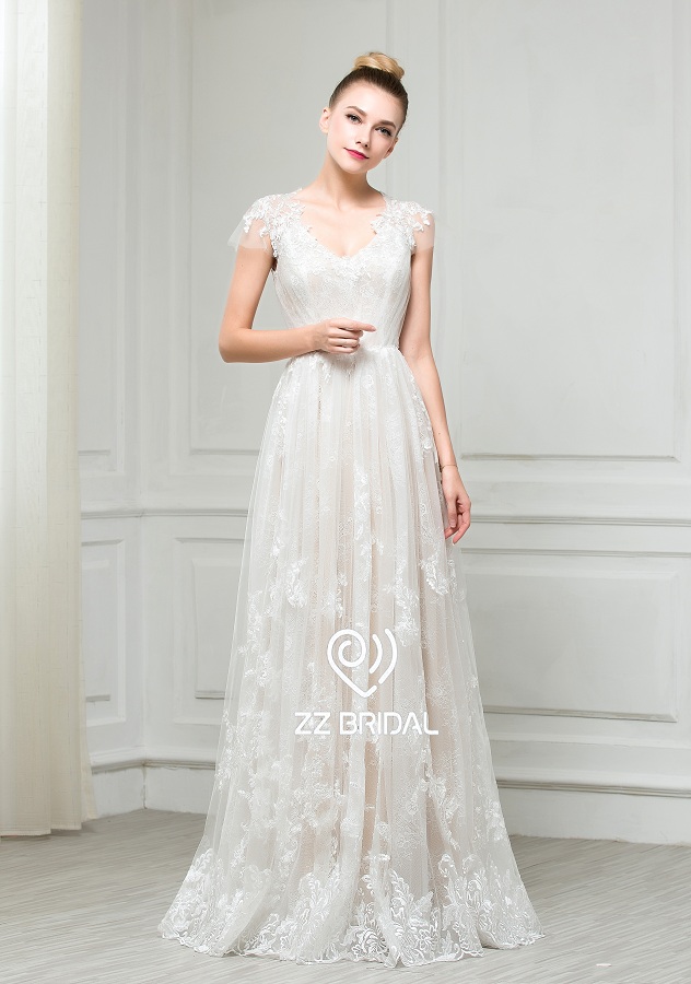 ZZ Bridal 2017 V-Neck Cap Sleeve Lace Applikationen A-Line Wedding Dress