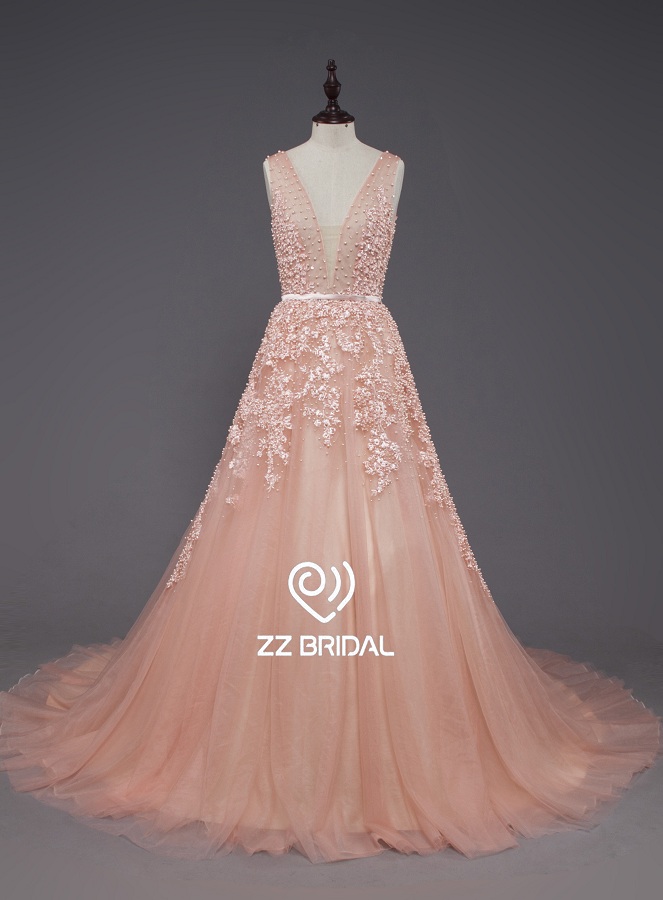 ZZ невесты 2017 V-шея кружево аппликуед и длинное вечернее платье