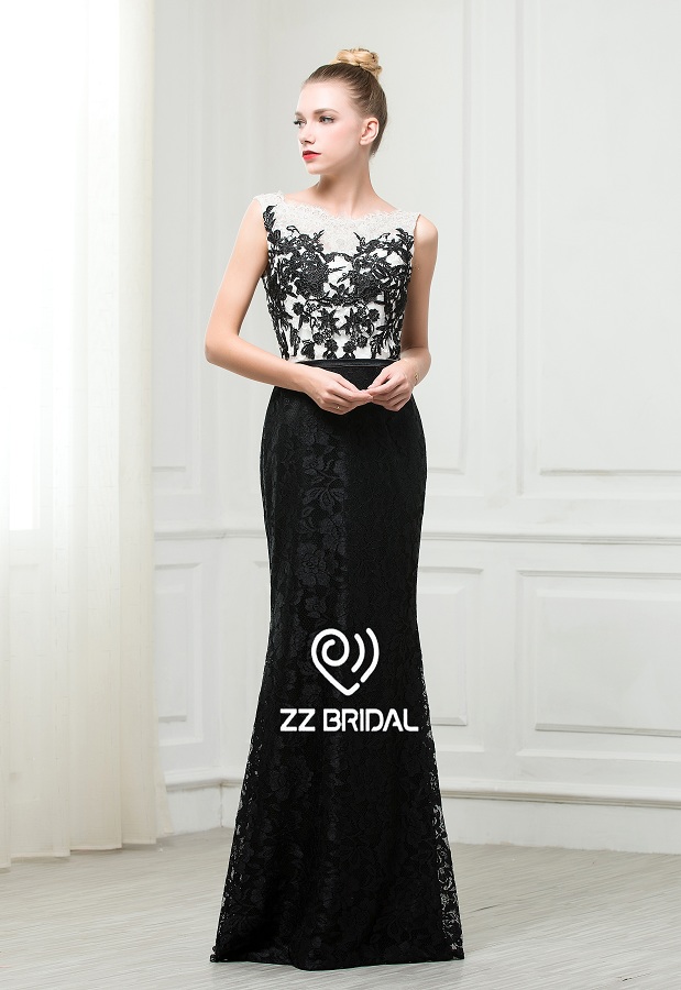 ZZ невесты 2017 на шее и на спине аппликуед чёрное вечернее платье