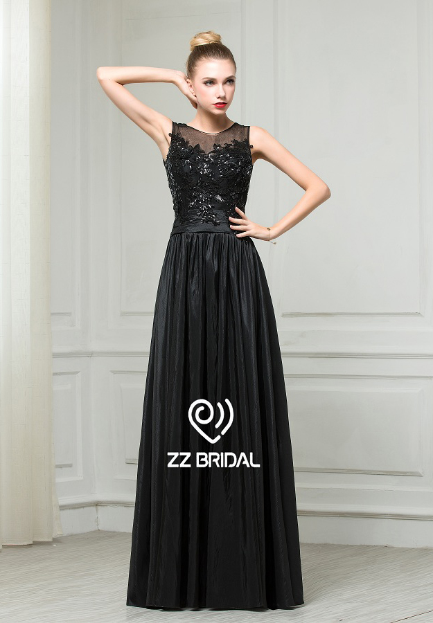 ZZ bridal 2017 boat neck lace appliqued black long evening dress