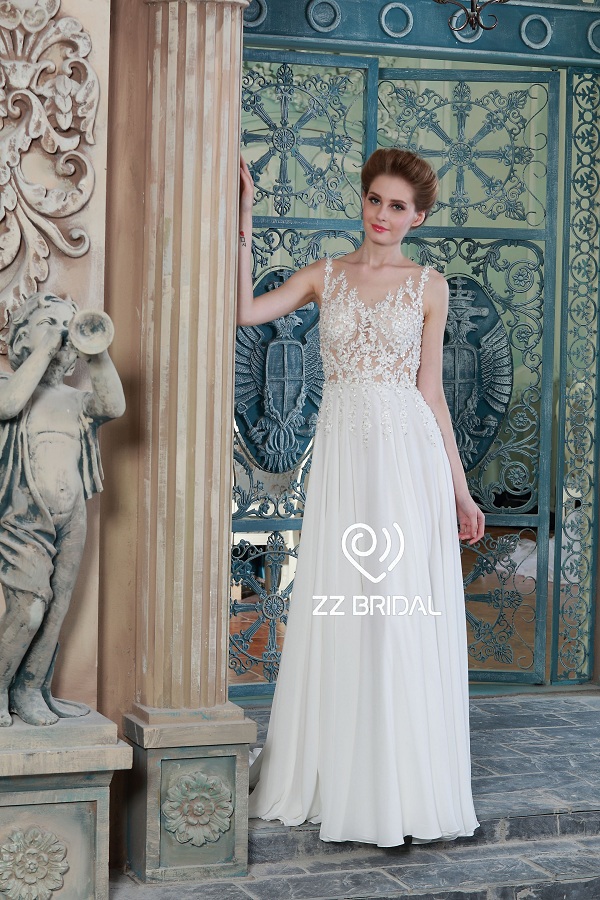 ZZ bridal 2017 boat neck lace appliqued chiffon A-line wedding dress