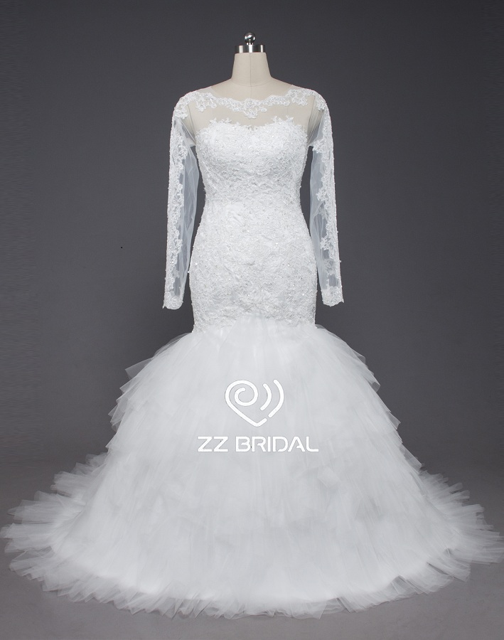 ZZ nupcial 2017 barco cuello de encaje de manga larga Sirena Vestido de novia