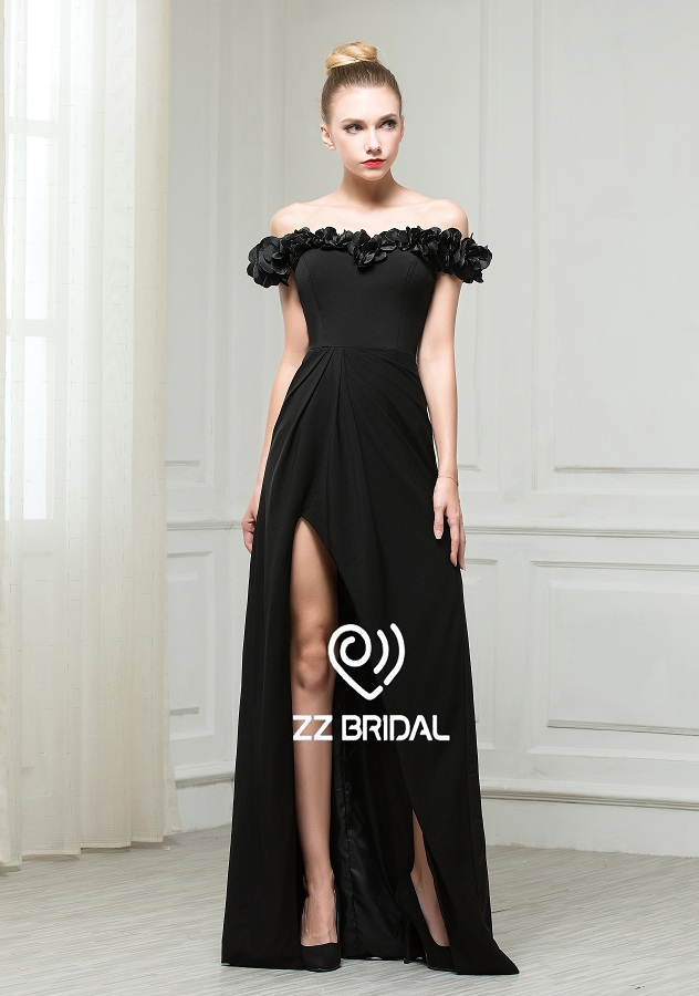 ZZ свадебное платье 2017 цветочный вырез с плеча раздраженное чёрное длинное вечерни