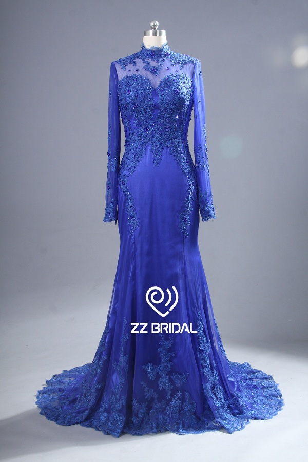 ZZ невесты 2017 Высокая шея кружево аппликуед синее длинное вечернее платье