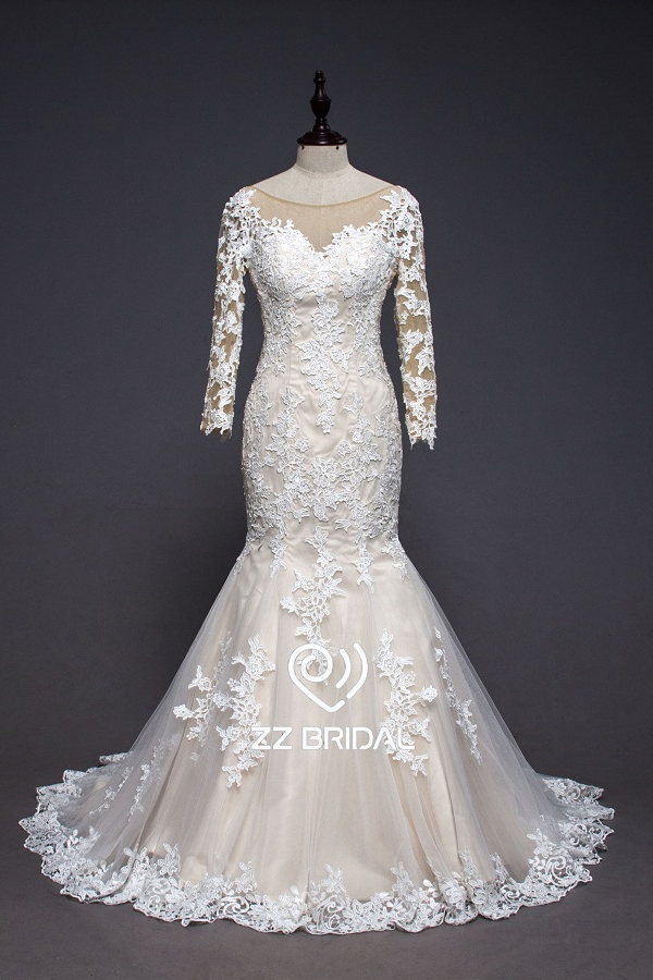 ZZ bridal 2017 long sleeve V-back lace appliqued mermaid wedding dress