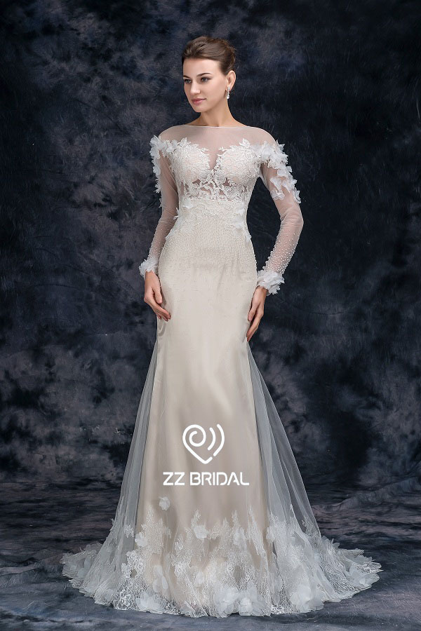 Appliqued ZZ koronki dla nowożeńców 2017 długi rękaw suknia ślubna syrena zroszony