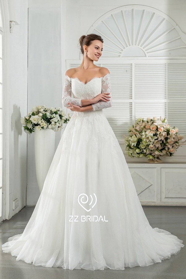 ZZ nuziale 2017 off spalla pizzo appliqued A-line abito da sposa