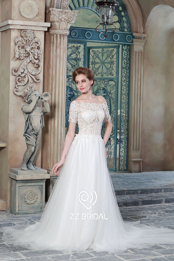 ZZ Bridal 2017 off Schulter Lace Applikationen Short Sleeve A-Line Wedding Dress
