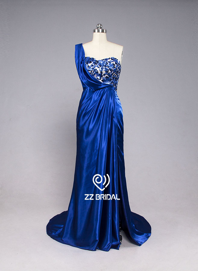 ZZ Bruidsmode 2017 een schouder beaded gegolfde royalblauw lange avondjurk